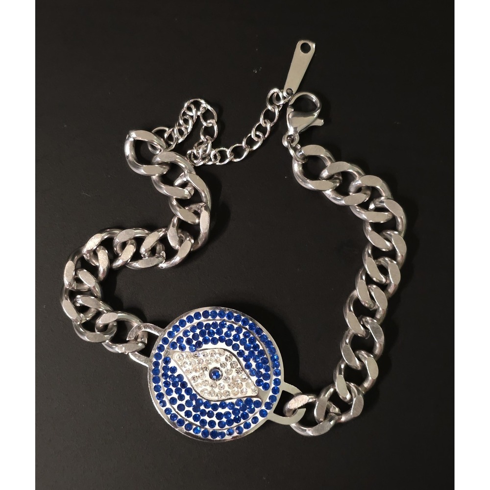 Evil Eye Blue Crystal Stainless Steel Chain Bracelet Size 7" & 2" Extender